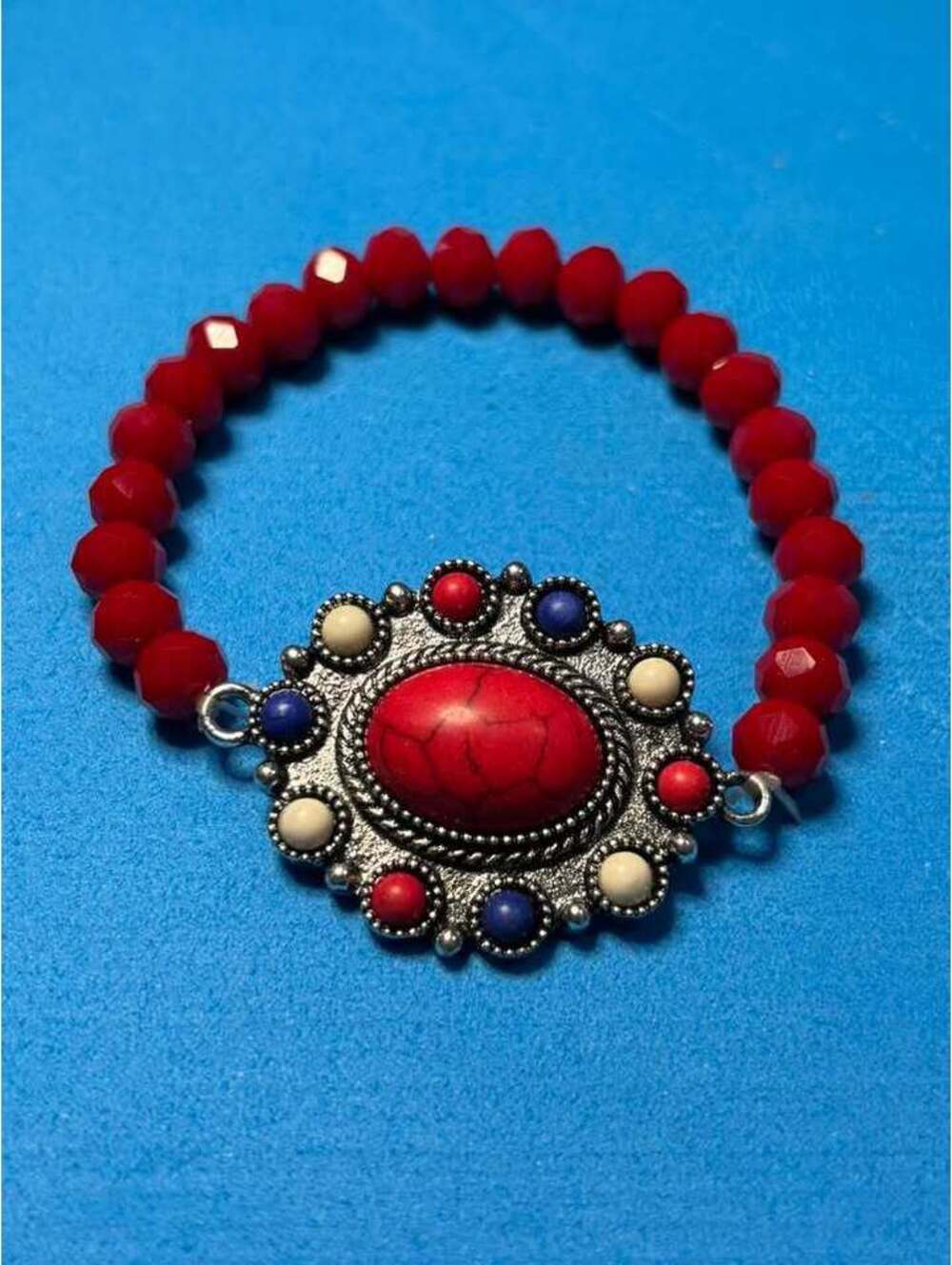 Red Beaded Medallion Stretch Bracelet